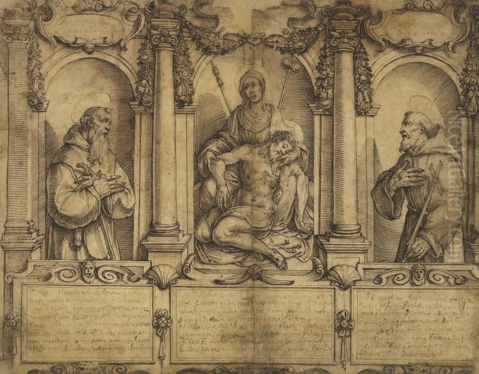 Pieta: The Madonna Supporting 
The Dead Christ With The Instruments Of The Passion, Flanked By Saints 
Francis Of Paola And Francis Of Assisi Oil Painting by Bartolomeo Passarotti
