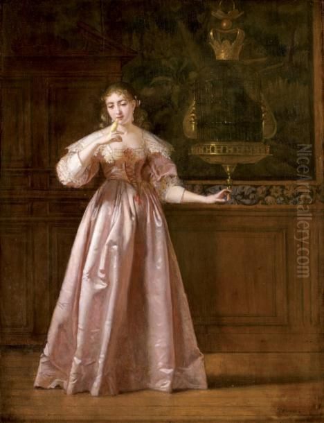 Jeune Femme Liberant Un Canari Oil Painting by Charles Francois Pecrus