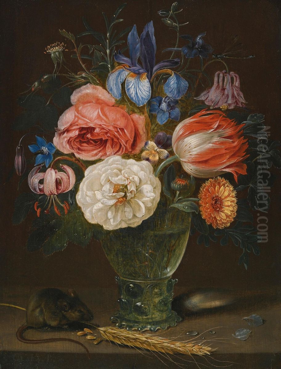 A Still Life Of Flowers In A Roemer With A Field Mouse And An Ear Of Wheat Oil Painting by Clara Peeters