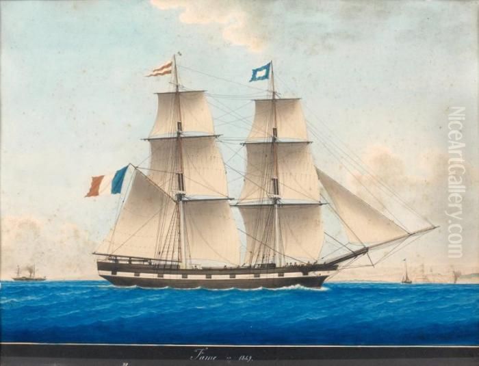 Vue De Travers, Tribord Armure 
Par Mer Calme De La Corvette <fame> Sous Voile, Se Dirigeant Vers Le 
Port Fortifie De Marseille Oil Painting by Joseph Honore Maxime Pellegrin