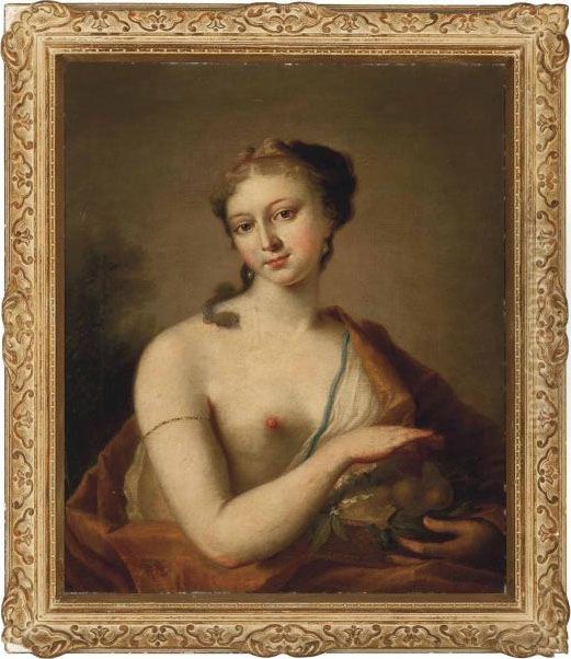 Portrait Of A Lady As Summer, 
Bust-length, Wearing An Orange Robe Over One Shoulder, Holding A Basket 
Of Fruit Oil Painting by Giovanni Antonio Pellegrini