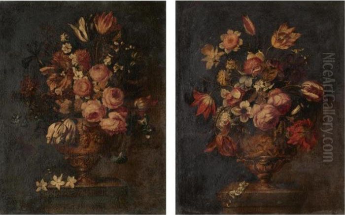 A Pair Of Still Lifes Of Various Flowers In Sculpted Urns, On Stone Plinths Oil Painting by Bartolome Perez