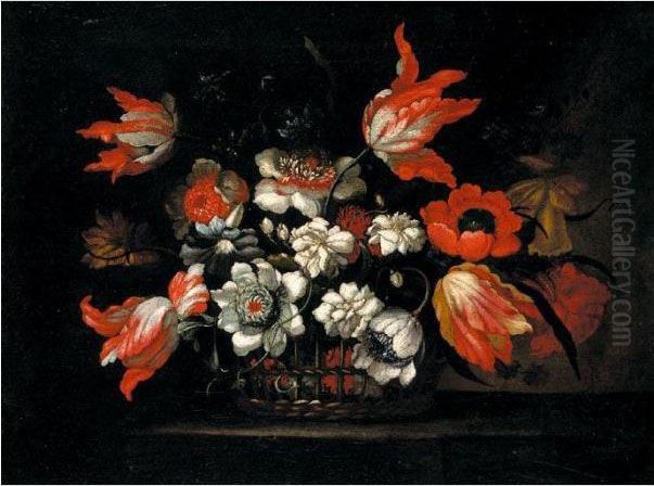 Still Life Of Tulips, 
Chrysanthemums, Poppies And Morning Glory In A Wicker Basket On A Stone 
Ledge Oil Painting by Bartolome Perez