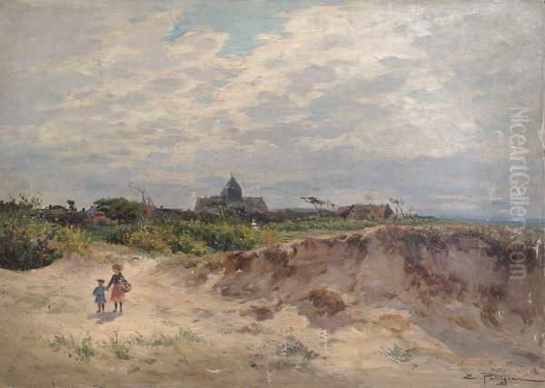 Enfants Dans Les Dunes Pres Du Village. Oil Painting by Edmond Marie Petitjean