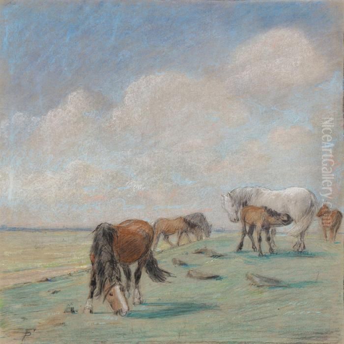 Horses In The Field Oil Painting by Theodor Esbern Philipsen