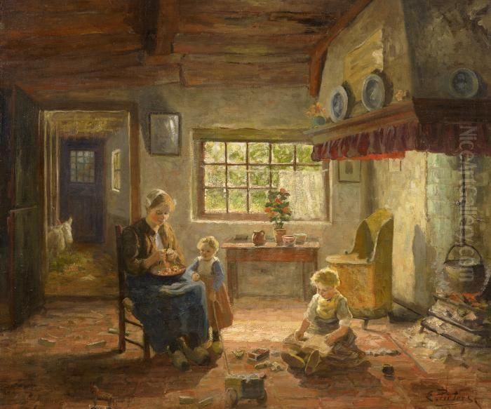 An Interior Setting Of Mother With Two Children Oil Painting by Evert Pieters