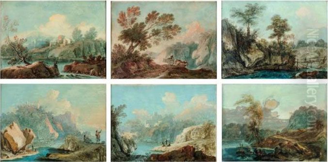 Six Scenes De Personnages Et Attelages Dans Des Paysages De Montagne Oil Painting by Jean-Baptiste Pillement