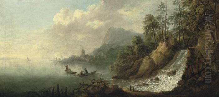 An Extensive River Landscape 
With Figures In Rowing Boats Near A Waterfall, A Town Beyond Oil Painting by Jean-Baptiste Pillement
