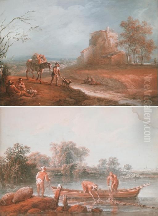 Pastorala Scener Med Fiskare Och Vandrare Oil Painting by Jean-Baptiste Pillement