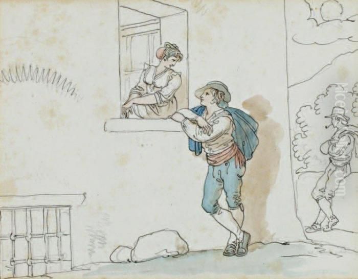 Jeune Couple Discutant A La Fenetre Oil Painting by Bartolomeo Pinelli