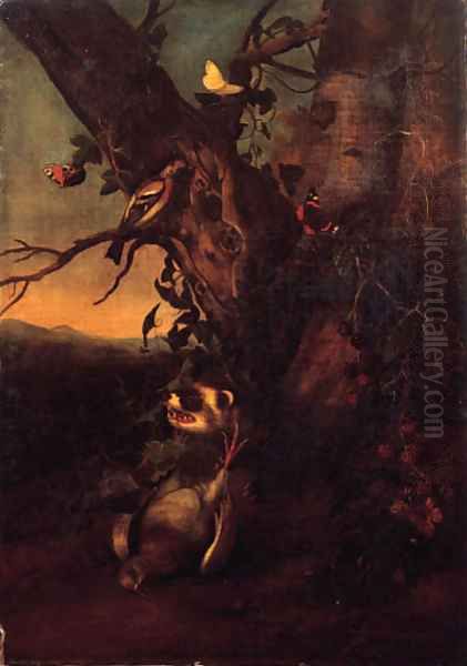 A marten with a dead dove and butterflies by the foot of a tree in a landscape Oil Painting by Pieter Withoos