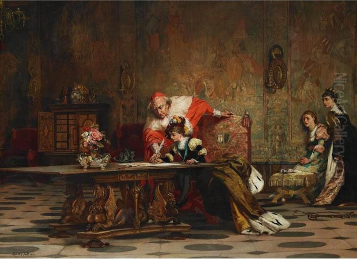 Edward Vi Signing A Document 
Before Thomas Cranmer, Watched By Queen Elizabeth And Mary In The 
Background Oil Painting by Laslett John Pott