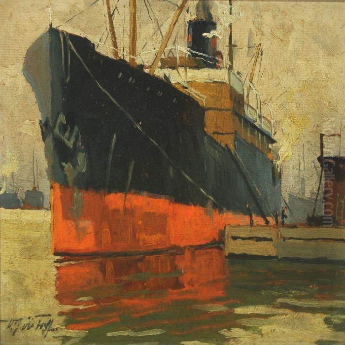 Freighter By Quay Oil Painting by Victor H.W. Qvistorff