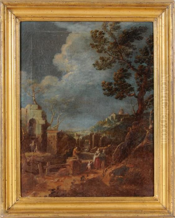 Paesaggio Fantasioso Con Ruderi E Figure In Sosta Oil Painting by Maria Luigia Raggi