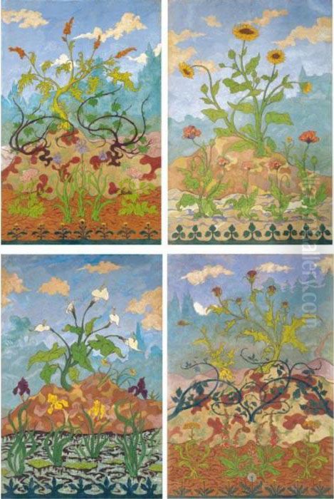 Four Decorative Panels: 
Tournesols Et Pavots; Arums Et Iris Violets Et Jaunes; Chardons Et 
Digitales; Iris Et Grandes Fleurs Jaunes Et Mauves Oil Painting by Paul-Elie Ranson
