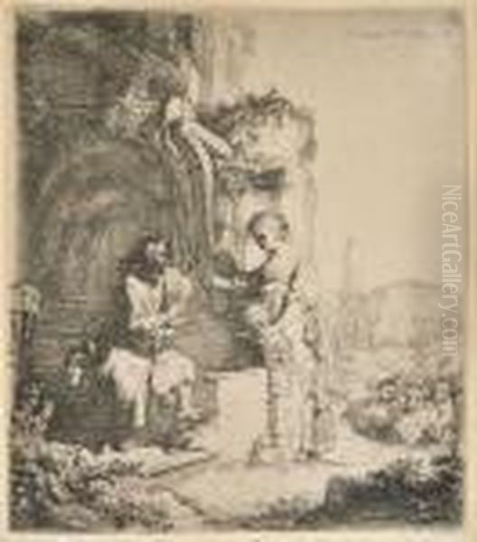 Christ And The Woman Of Samaria: Among Ruins Oil Painting by Harmenszoon van Rijn Rembrandt