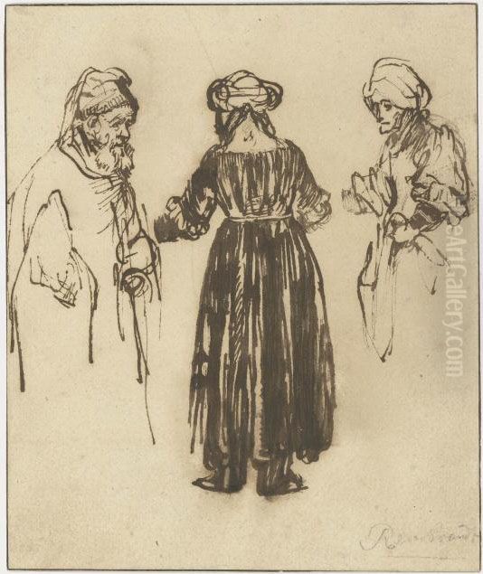 Figure Studies Of A Bearded Man And Two Women Oil Painting by Harmenszoon van Rijn Rembrandt