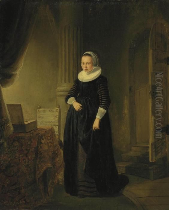A Young Woman In An Interior Oil Painting by Harmenszoon van Rijn Rembrandt