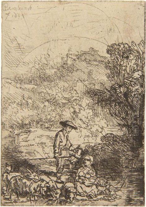 Die Landschaft Mit Der Hirtenfamilie Oil Painting by Harmenszoon van Rijn Rembrandt
