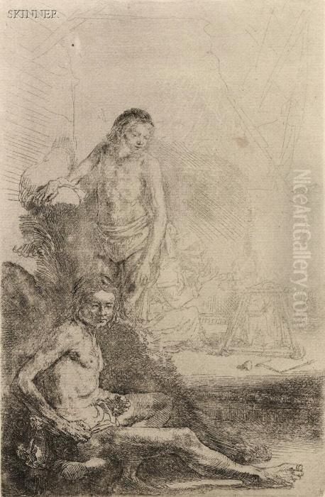 Nude Man Seated Before A Curtain Oil Painting by Harmenszoon van Rijn Rembrandt