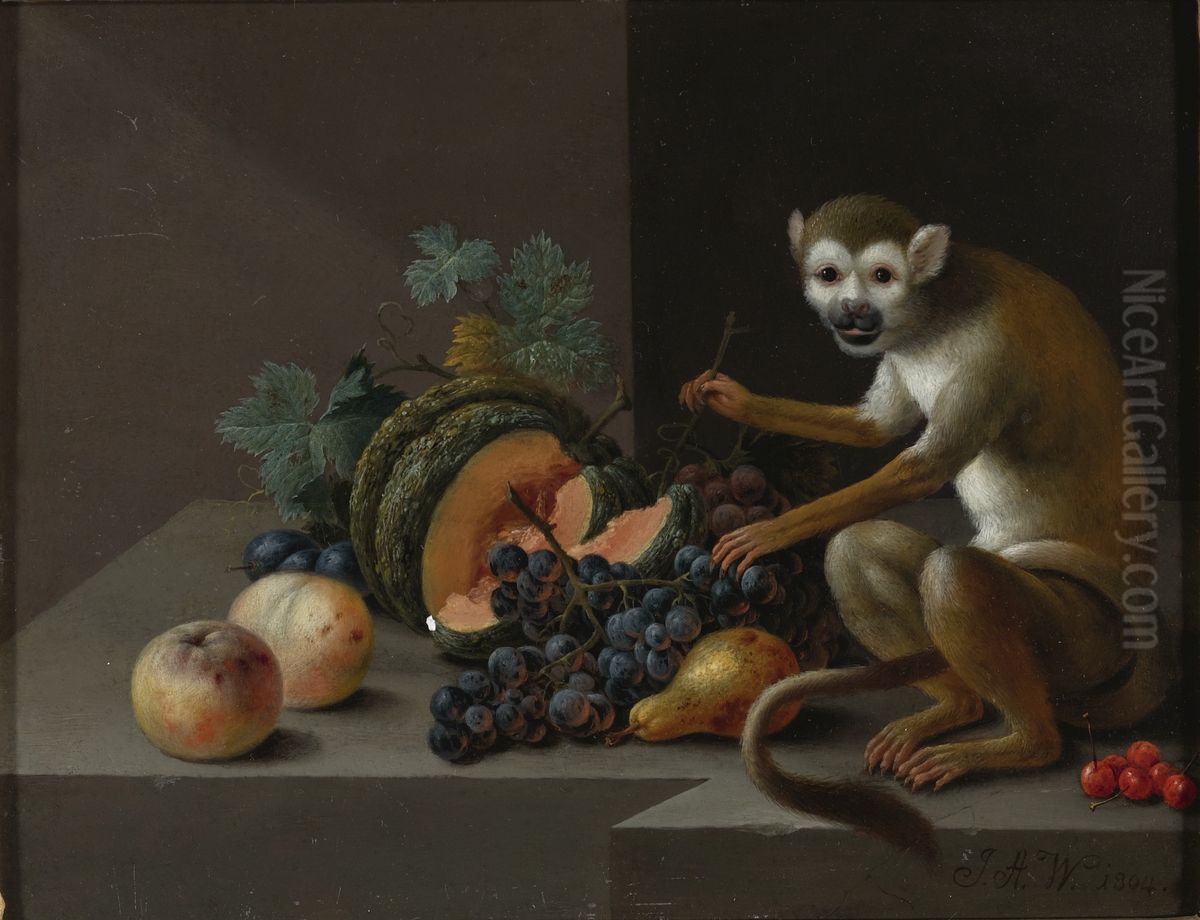 A monkey with grapes, peaches, a melon and other fruit on a stone ledge Oil Painting by Johann Amandus Winck