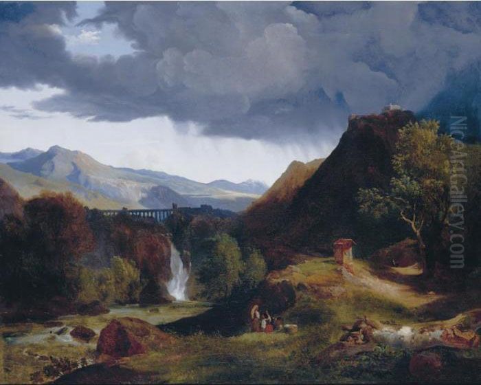 A View Of An Aqueduct And A 
Small Town, Possibly Cava In The Kingdom Of Naples, Peasants Resting In 
The Foreground Oil Painting by Jean-Charles Joseph Remond