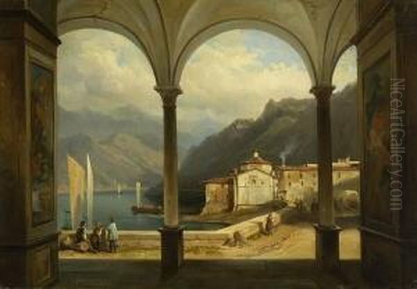 Blick Aus Der Vorhalle Einer
 Kirche Auf Einen Sudlichen Gebirgssee. Oil Painting by Jean-Charles Joseph Remond