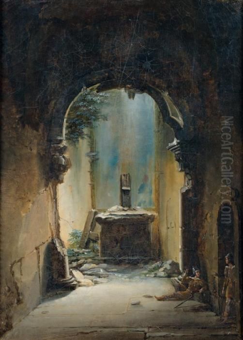 Le Repos Des Gardes Dans Des Ruines Romanes : < Le Chateau D'adolphe > Oil Painting by Charles Renoux