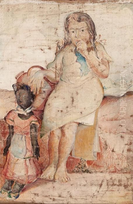 Muchachita Sentada Con Una Muneca Y Una Pimpina De Agua Oil Painting by Armando Reveron