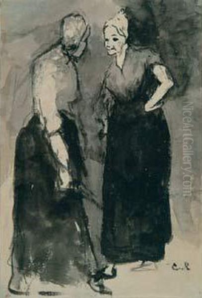 Deux Servantes En Conversation Oil Painting by Theodule Augustine Ribot