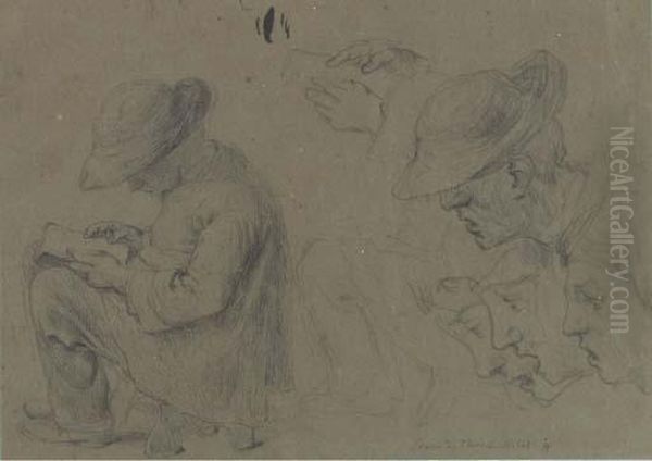 A Man Wearing A Hat, Reading A Book And Head Studies Oil Painting by Theodule Augustine Ribot