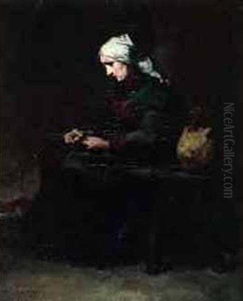 < La Ravaudeuse >. Oil Painting by Theodule Augustine Ribot
