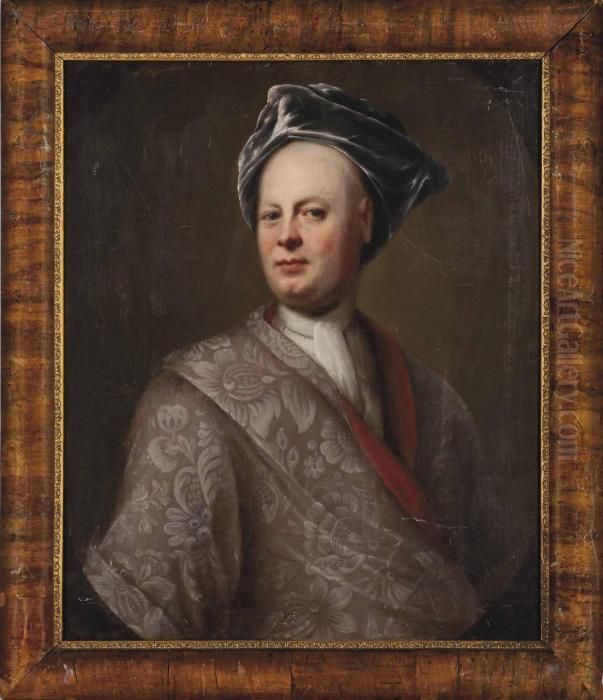 Portrait Of A Gentleman, Bust-length, In A Purple Coat And Turban, In A Feigned Oval Oil Painting by Jonathan Richardson