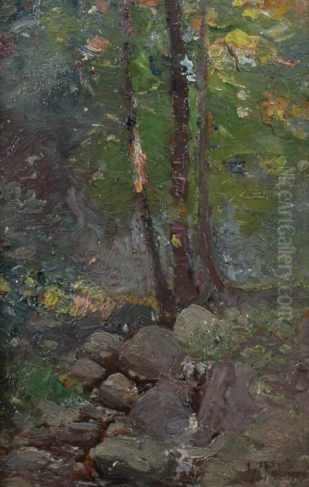 Three Trees Along Rocky Creek Oil Painting by Hal Robinson