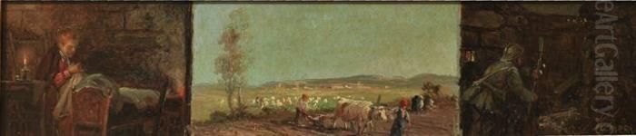 Trittico: Interno Contadino, Veduta Di Paesaggio, Trincea Oil Painting by Leonardo Roda