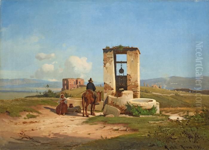 Campagnalandschaft Mit Ziehbrunnen Oil Painting by Johan Rohde