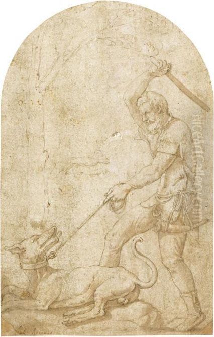 A Huntsman Beating His Dog Oil Painting by Giulio Romano (Orbetto)