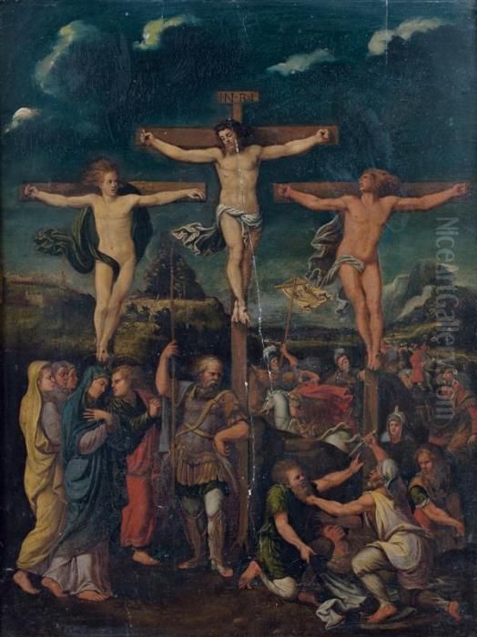La Crucifixion Du Christ Entre Les Deux Larrons 
 Panneau De Noyer, Une Planche, Renforce Oil Painting by Giulio Romano (Orbetto)