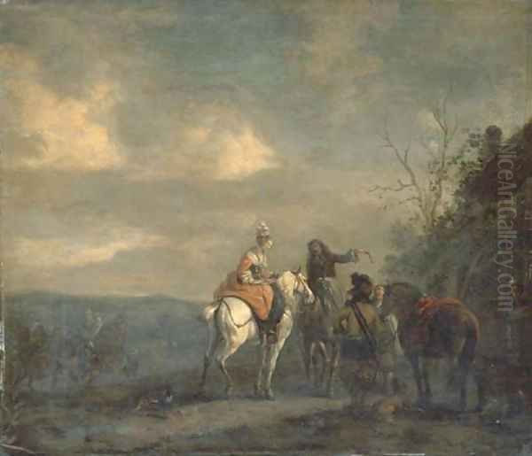 Elegant company on horseback at halt outside a cottage, a landscape beyond Oil Painting by Philips Wouwerman
