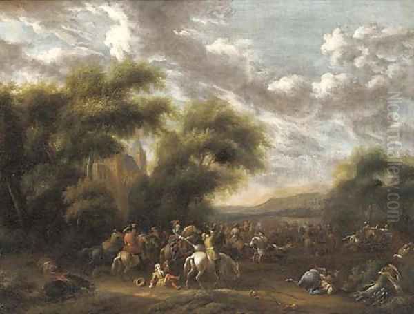 A cavalry skirmish in a wooded landscape Oil Painting by Philips Wouwerman