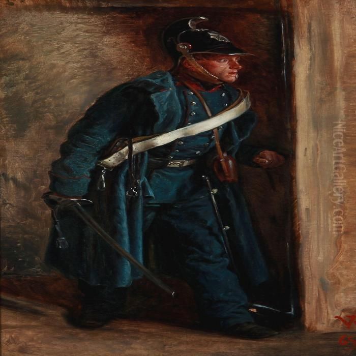 A Soldier Seeking Refuge In A Peasant Hut Oil Painting by Vilhelm J. Rosenstand