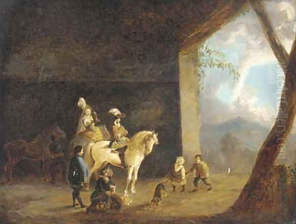 A hawking party setting out from a barn Oil Painting by Philips Wouwerman