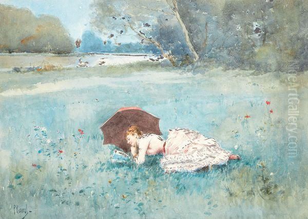 Femme Lisant Sous Une Ombrelle Oil Painting by Paul Rossert