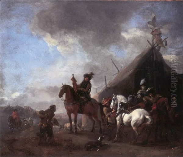 Cavalry officers with their chargers and a mounted trumpeter before a sutler's booth, an encampment beyond Oil Painting by Philips Wouwerman