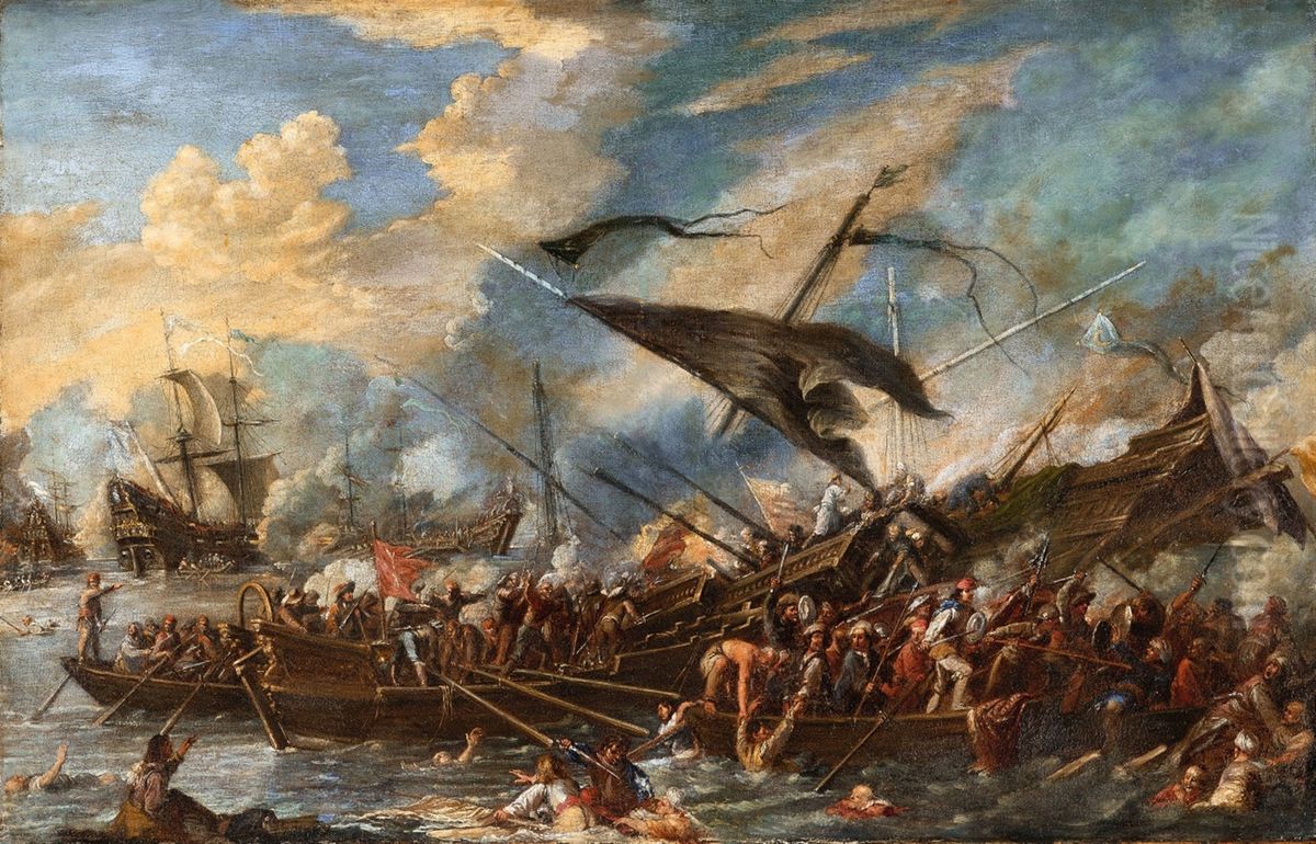 A naval battle Oil Painting by Cornelis de Wael