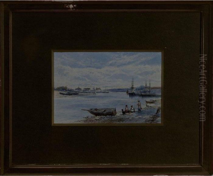 Women And Their Dog On The Coast Oil Painting by Charles Rowbotham