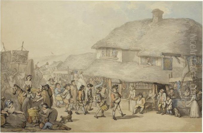 Recruiting Outside The Sun Inn, 
Bodmin, Cornwall Recto; A Study Of The Same Subject Verso Oil Painting by Thomas Rowlandson