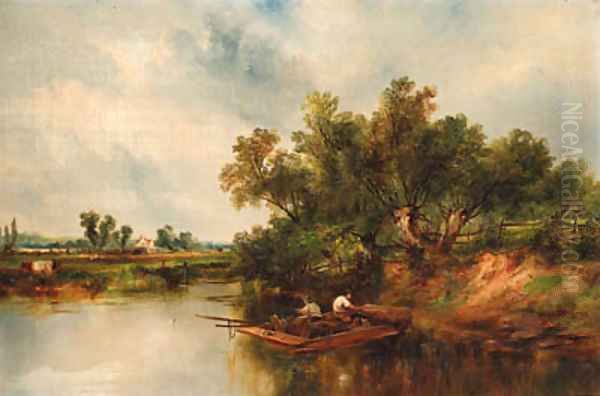 Anglers on a barge in a river landscape Oil Painting by William Archibald Wall