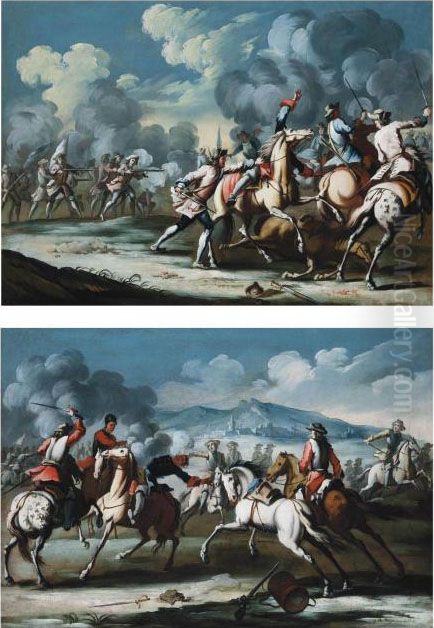 A Cavalry Skirmish; And A Cavalry Skirmish Oil Painting by Georg Philipp Rugendas I