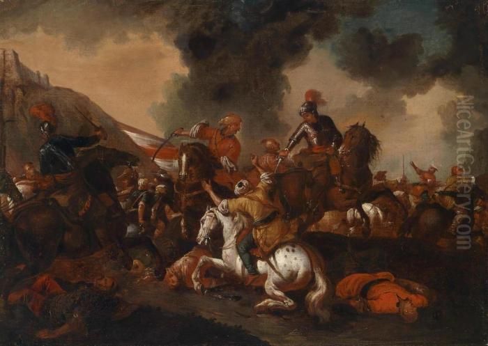 A Cavalry Engagement Between Christians And Ottomans Oil Painting by Georg Philipp Rugendas I